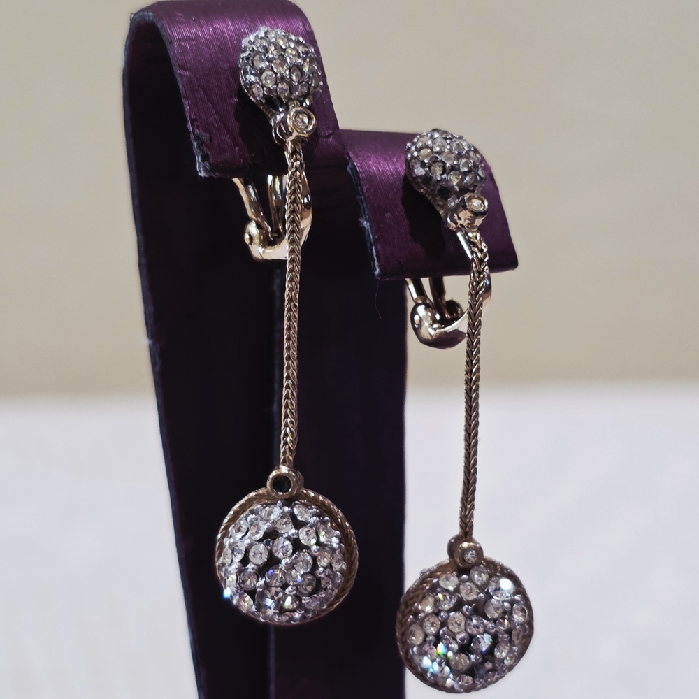 Vintage CINER Designer Gold Pave Rhinestone Dangle Drop Ball Clip On Earrings